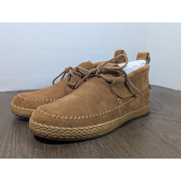 NEW UGG Woodlyn Moccasin Loafers Womens 6 Tan Brown Suede Stitching Lace Up Logo - Picture 1 of 13